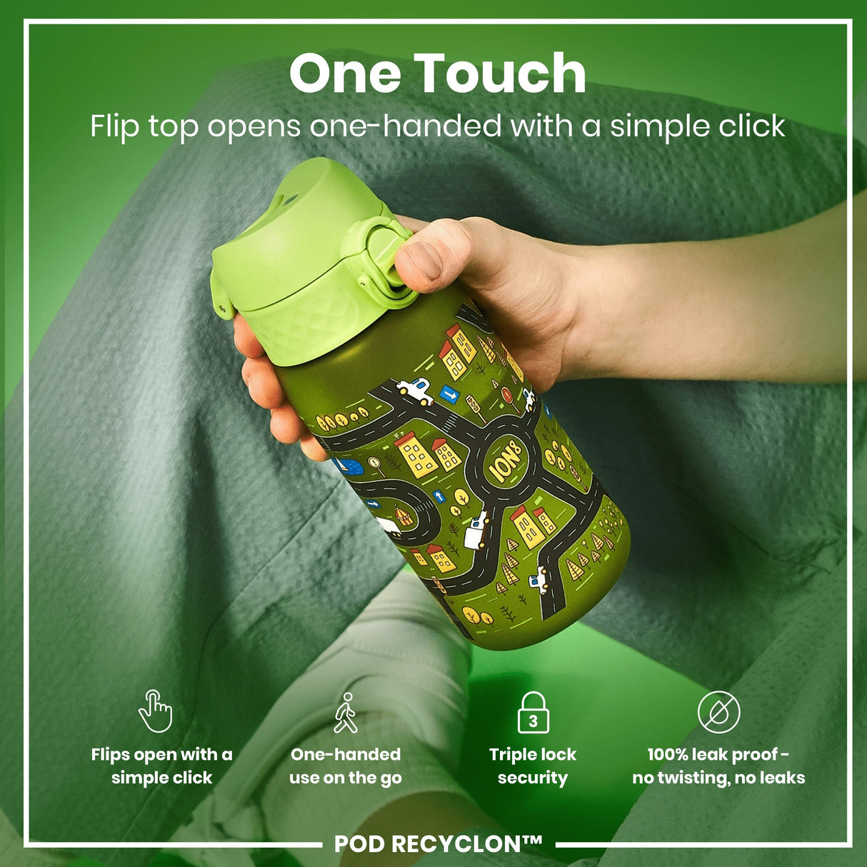 ION8 Leak Proof Kids Water Bottle, Recyclon, Cars, 350ml (12oz)