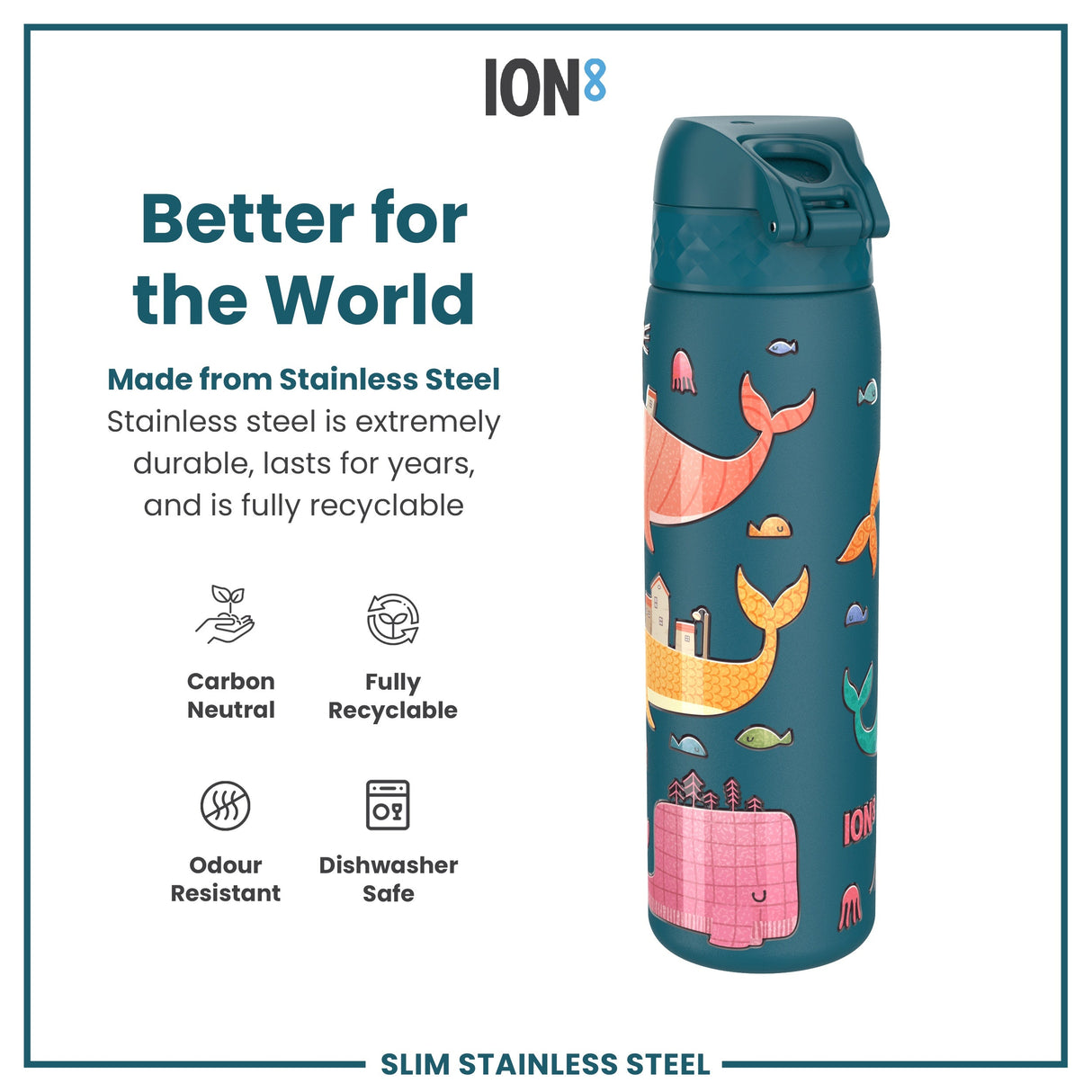 ION8 Leak Proof Slim Water Bottle, Stainless Steel, Whales, 600ml (20oz)