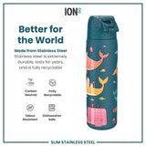 ION8 Leak Proof Slim Water Bottle, Stainless Steel, Whales, 600ml (20oz)