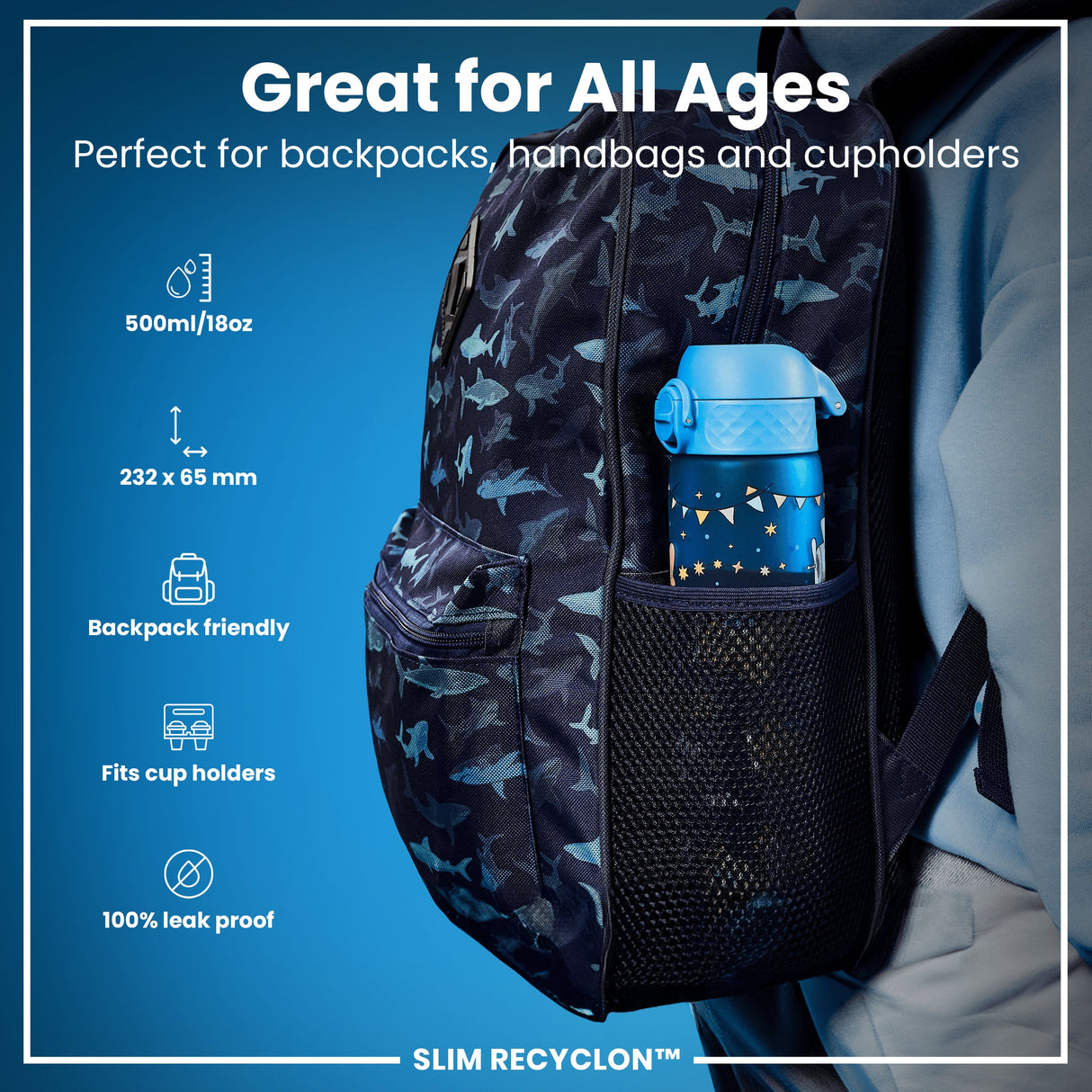 ION8 Leak Proof Slim Water Bottle, Recyclon, Airplanes, 500ml (18oz)