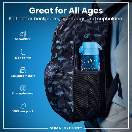 ION8 Leak Proof Slim Water Bottle, Recyclon, Airplanes, 500ml (18oz)