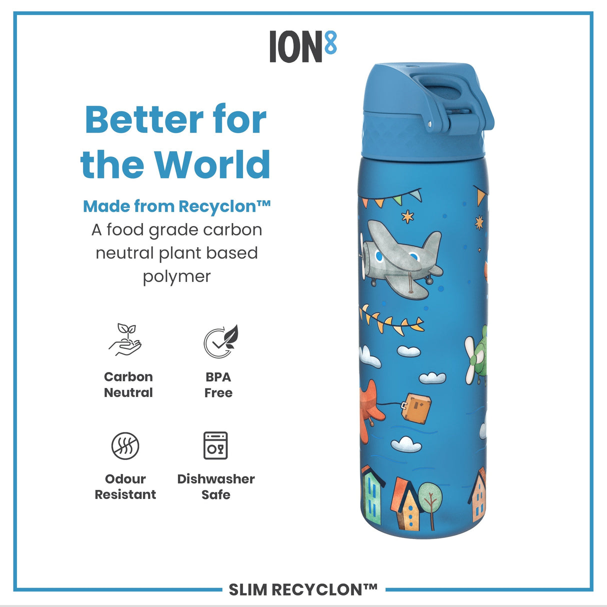 ION8 Leak Proof Slim Water Bottle, Recyclon, Airplanes, 500ml (18oz)