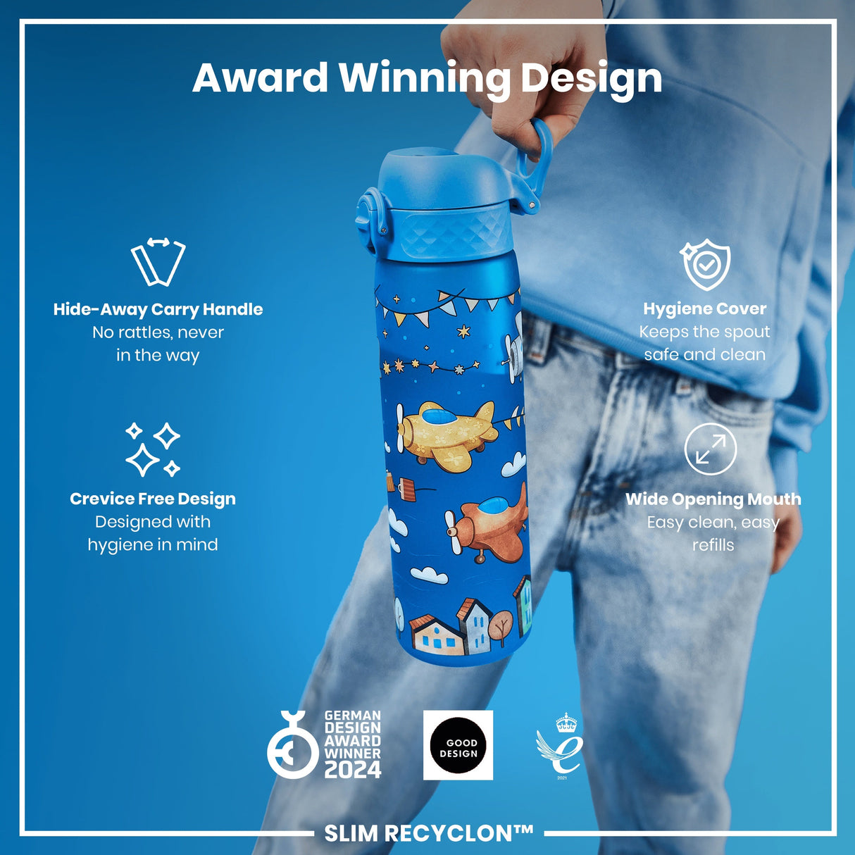 ION8 Leak Proof Slim Water Bottle, Recyclon, Airplanes, 500ml (18oz)