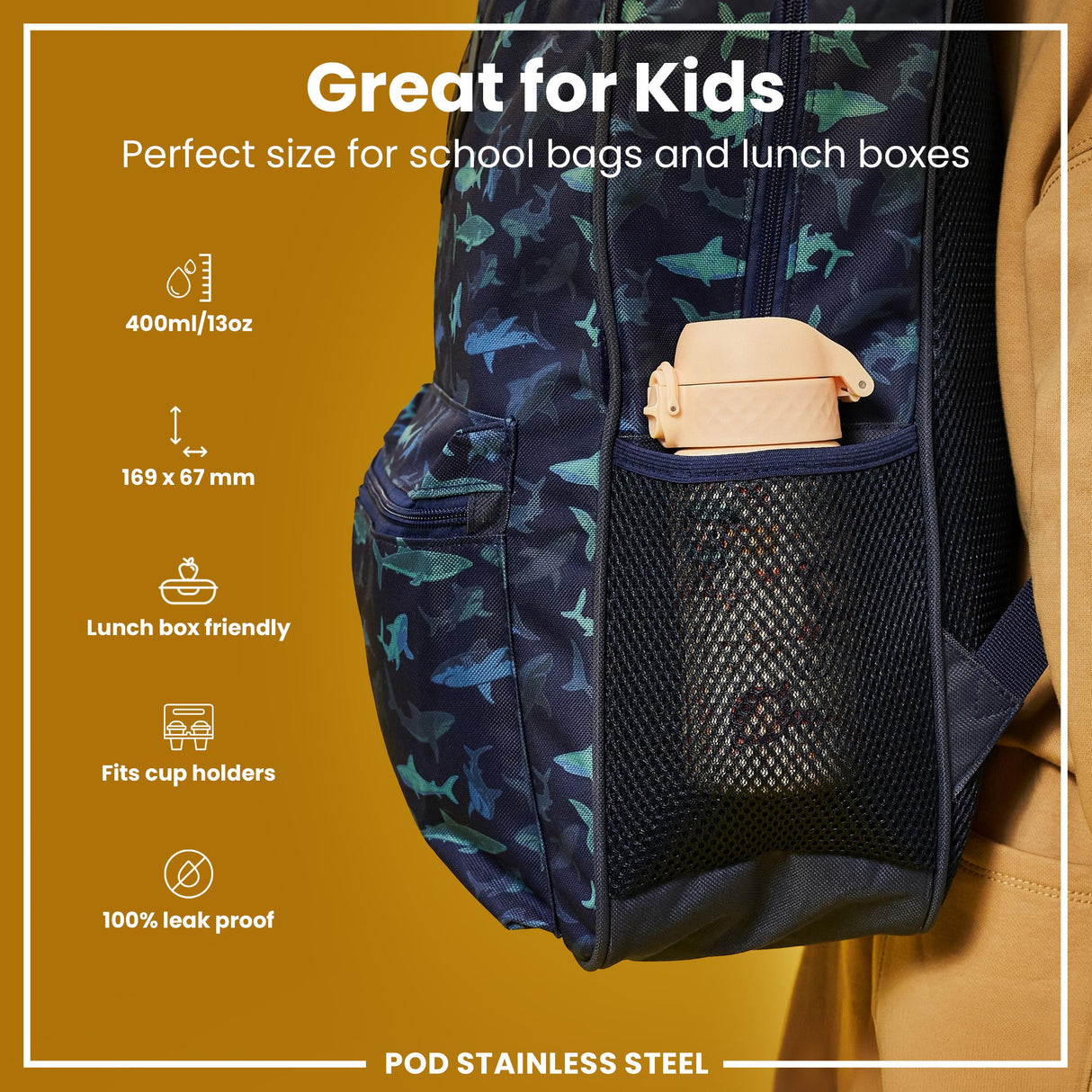 ION8 Leak Proof Kids Water Bottle, Stainless Steel, Monkeys, 400ml (13oz)