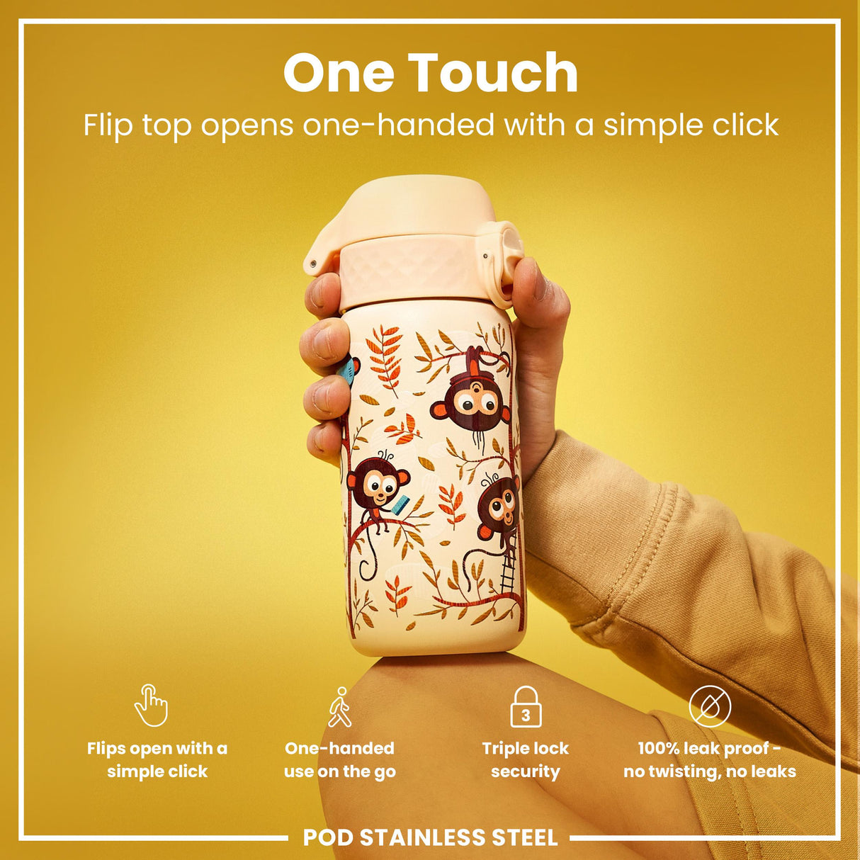 ION8 Leak Proof Kids Water Bottle, Stainless Steel, Monkeys, 400ml (13oz)