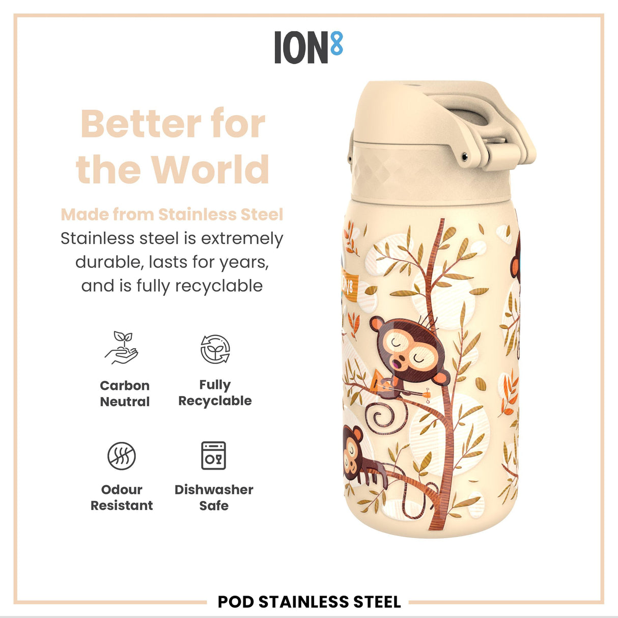 ION8 Leak Proof Kids Water Bottle, Stainless Steel, Monkeys, 400ml (13oz)