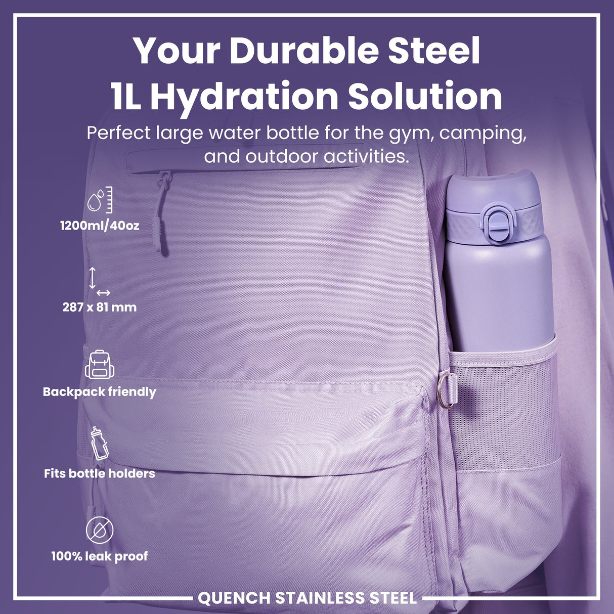 ION8 Leak Proof 1 Litre Water Bottle, Stainless Steel, Light Purple, 1L
