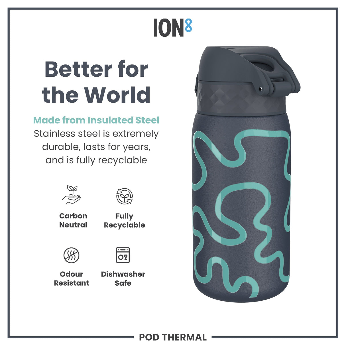 ION8 Leak Proof Thermal Steel Water Bottle, Insulated, Squiggly Line, 320ml (11oz)