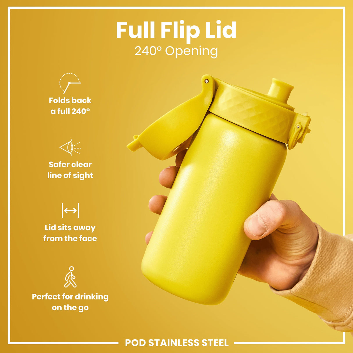 ION8 Leak Proof Kids Water Bottle, Stainless Steel, Yellow, 400ml (13oz)