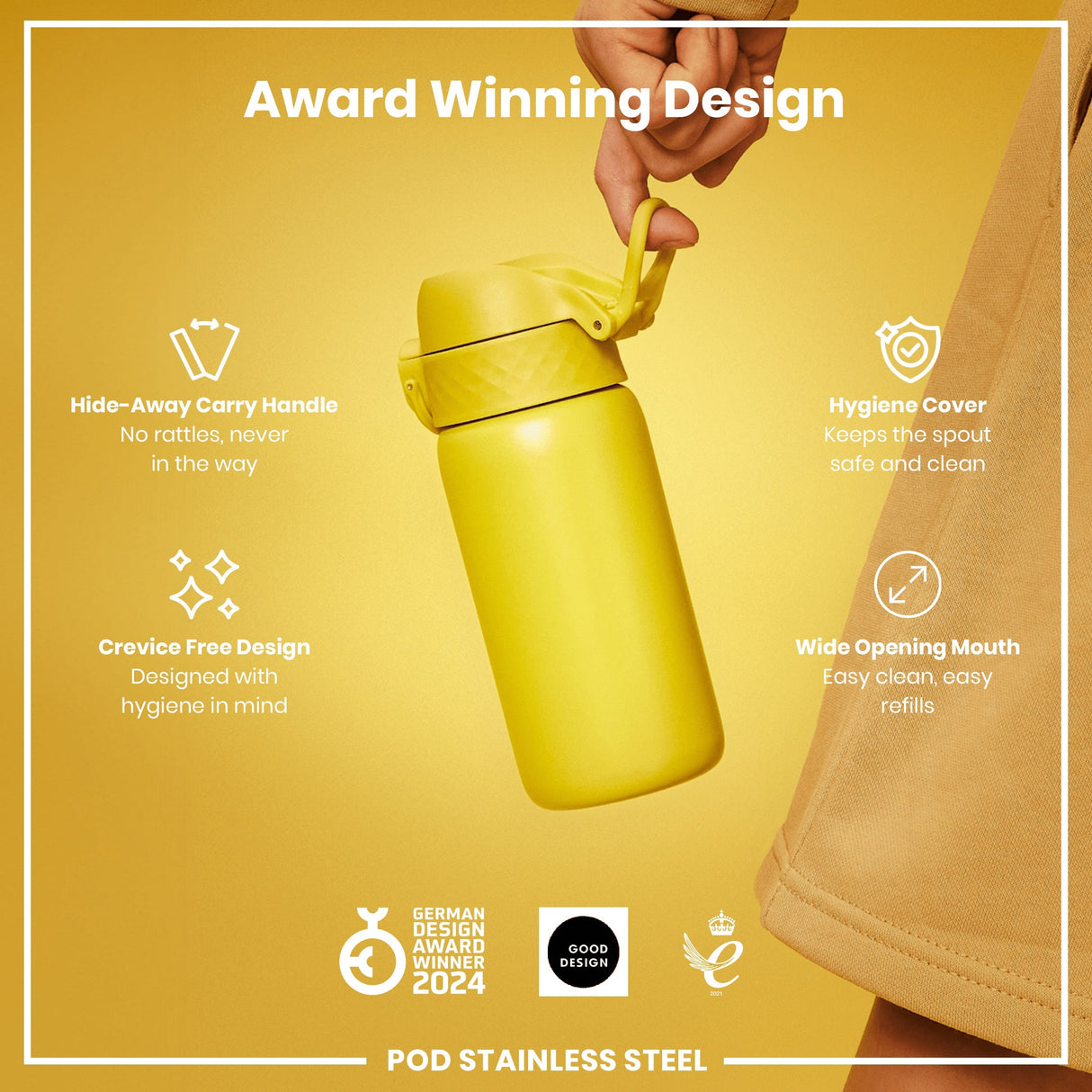 ION8 Leak Proof Kids Water Bottle, Stainless Steel, Yellow, 400ml (13oz)
