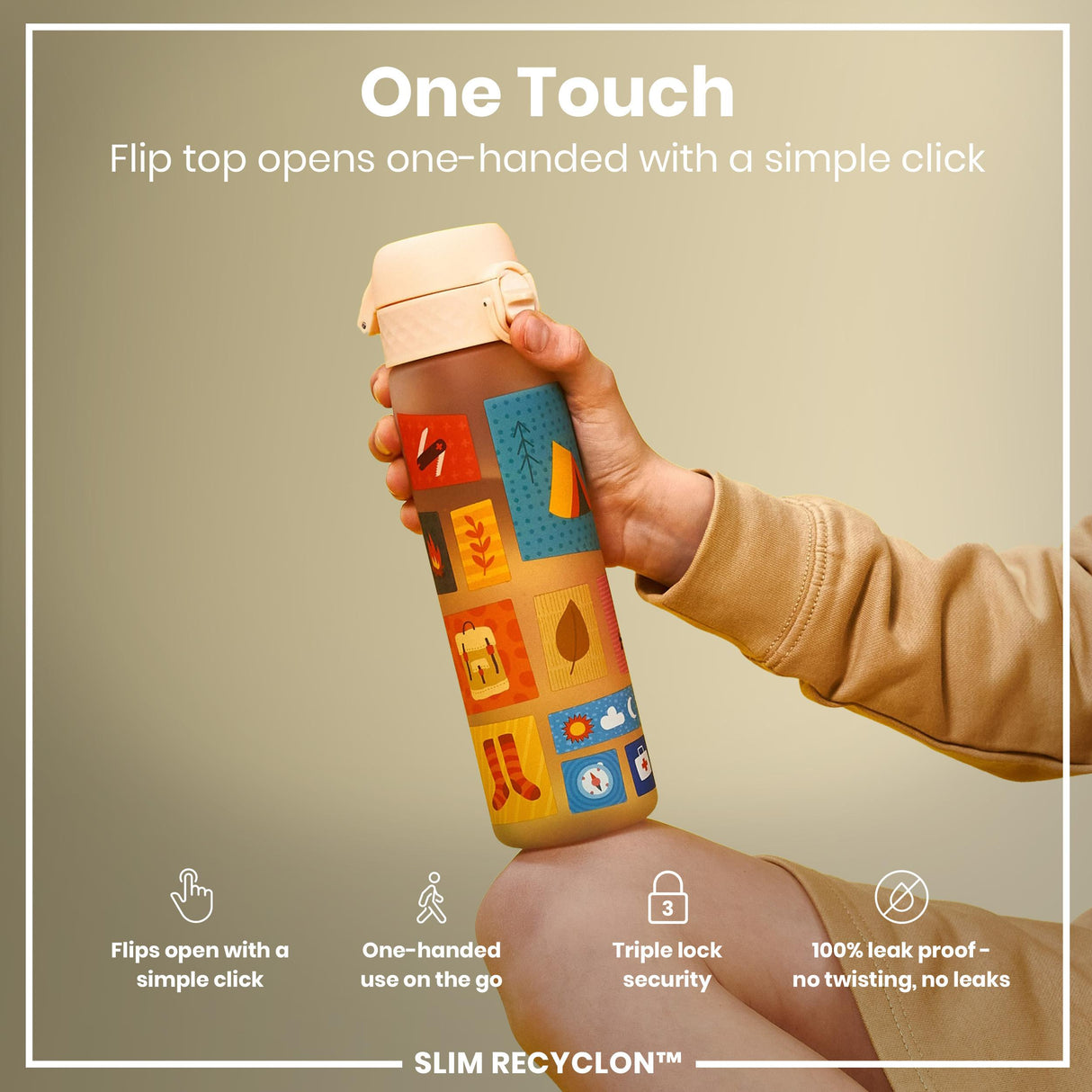 ION8 Leak Proof Slim Water Bottle, Recyclon, Camping, 500ml (18oz)