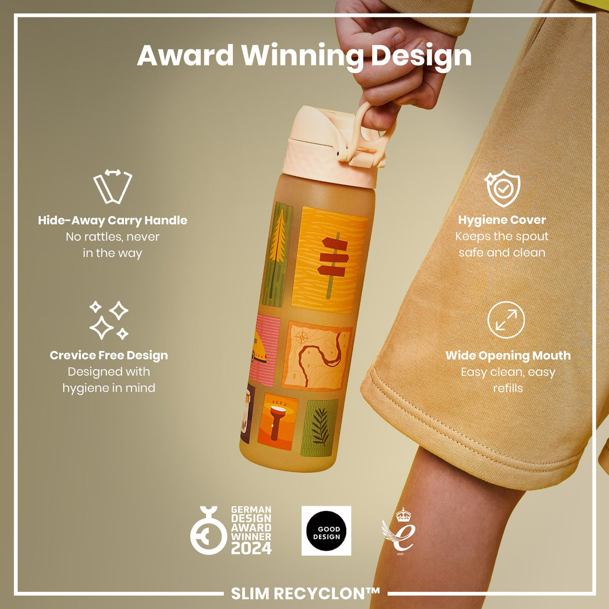 ION8 Leak Proof Slim Water Bottle, Recyclon, Camping, 500ml (18oz)