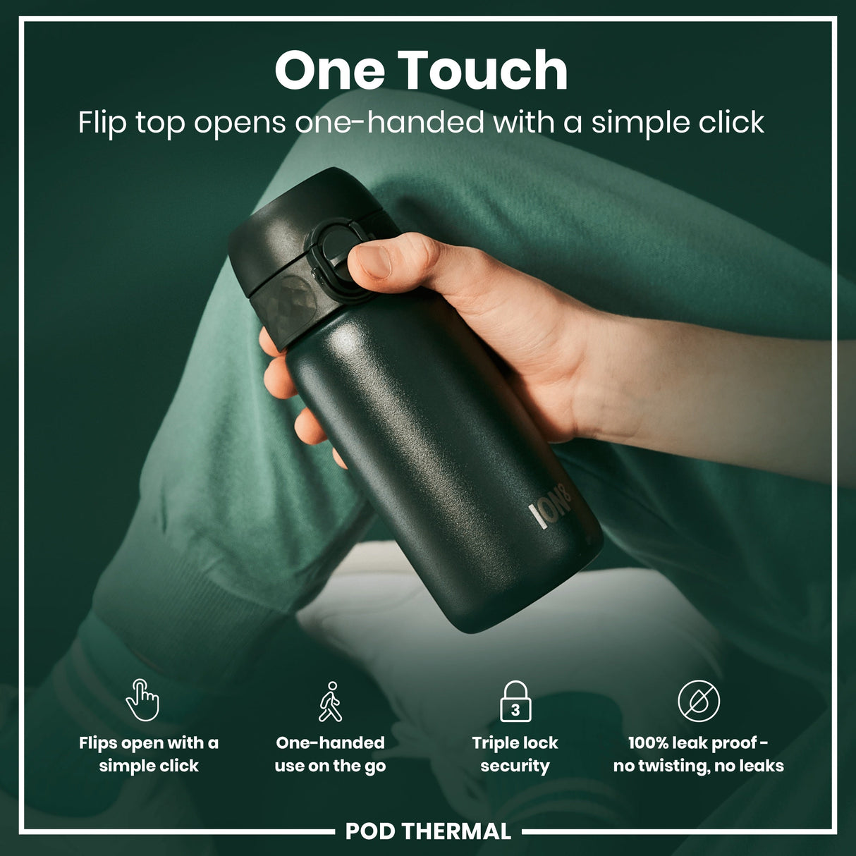 ION8 Leak Proof Thermal Steel Water Bottle, Insulated, Dark Green, 320ml (11oz)
