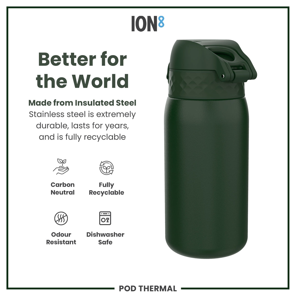 ION8 Leak Proof Thermal Steel Water Bottle, Insulated, Dark Green, 320ml (11oz)