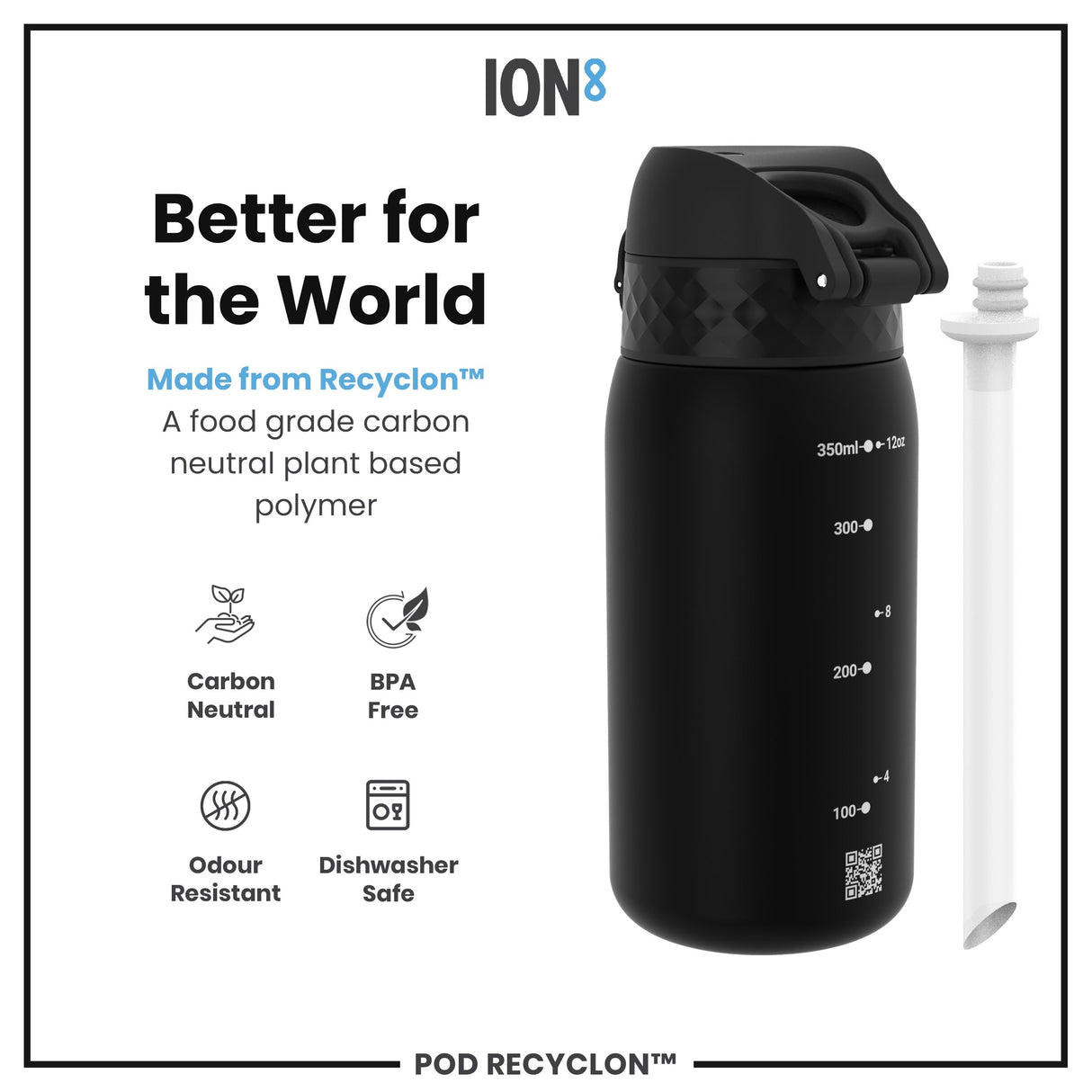 ION8 Leak Proof Small Water Bottle With Straw, Recyclon, Black, 350ml (12oz)