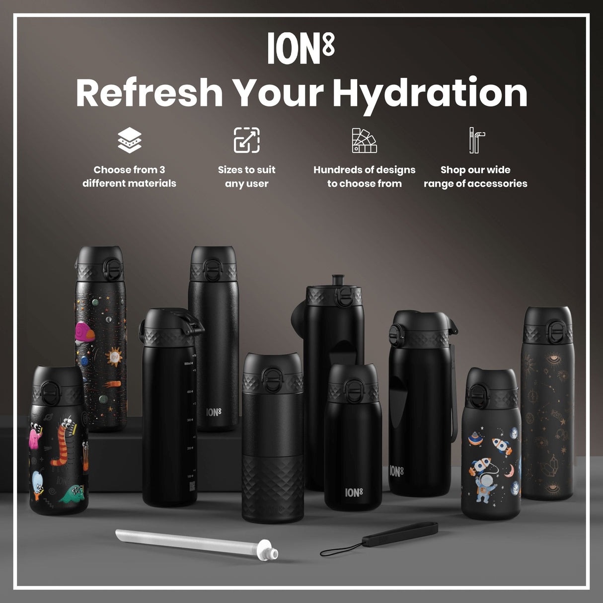 ION8 Leak Proof Small Water Bottle With Straw, Recyclon, Black, 350ml (12oz)