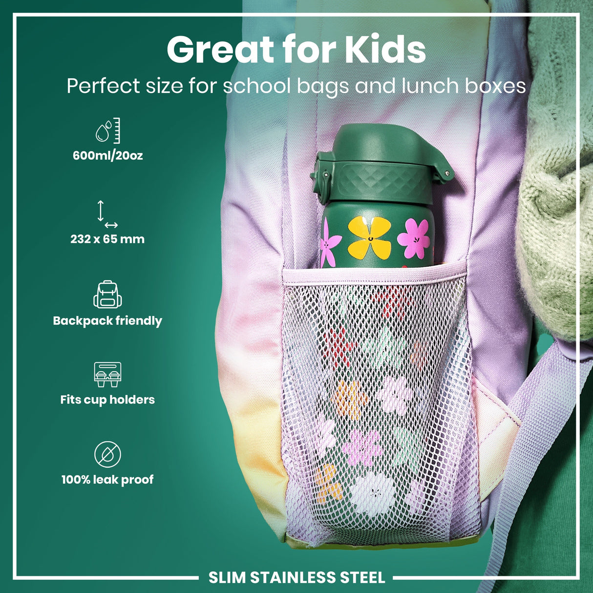 ION8 Leak Proof Slim Water Bottle, Stainless Steel, Floral, 600ml (20oz)
