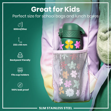 ION8 Leak Proof Slim Water Bottle, Stainless Steel, Floral, 600ml (20oz)