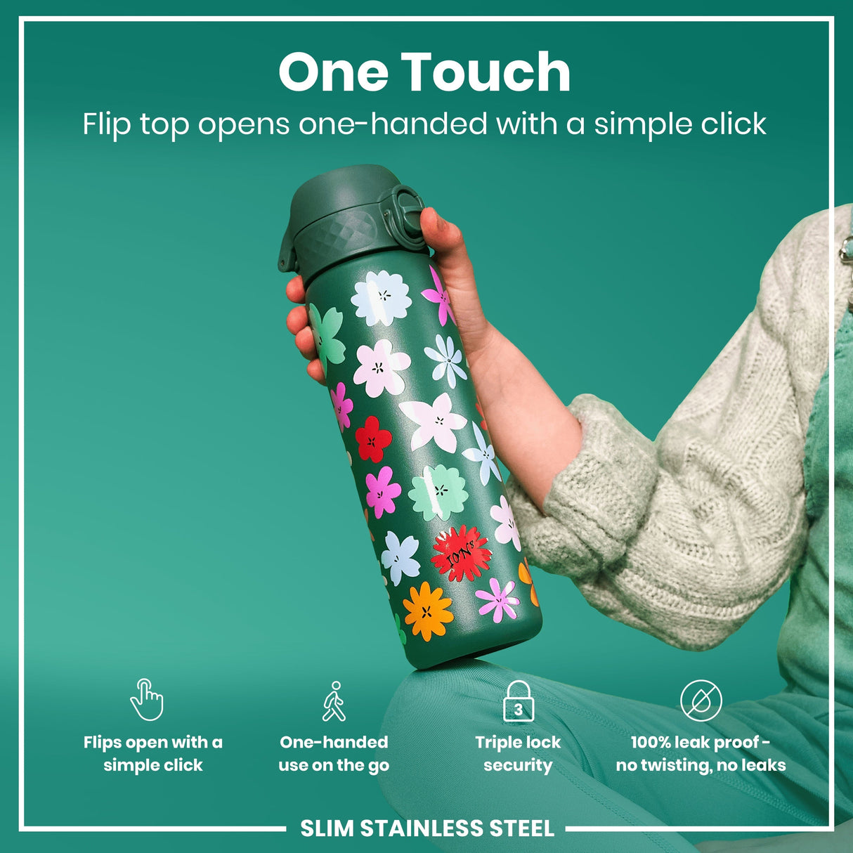ION8 Leak Proof Slim Water Bottle, Stainless Steel, Floral, 600ml (20oz)
