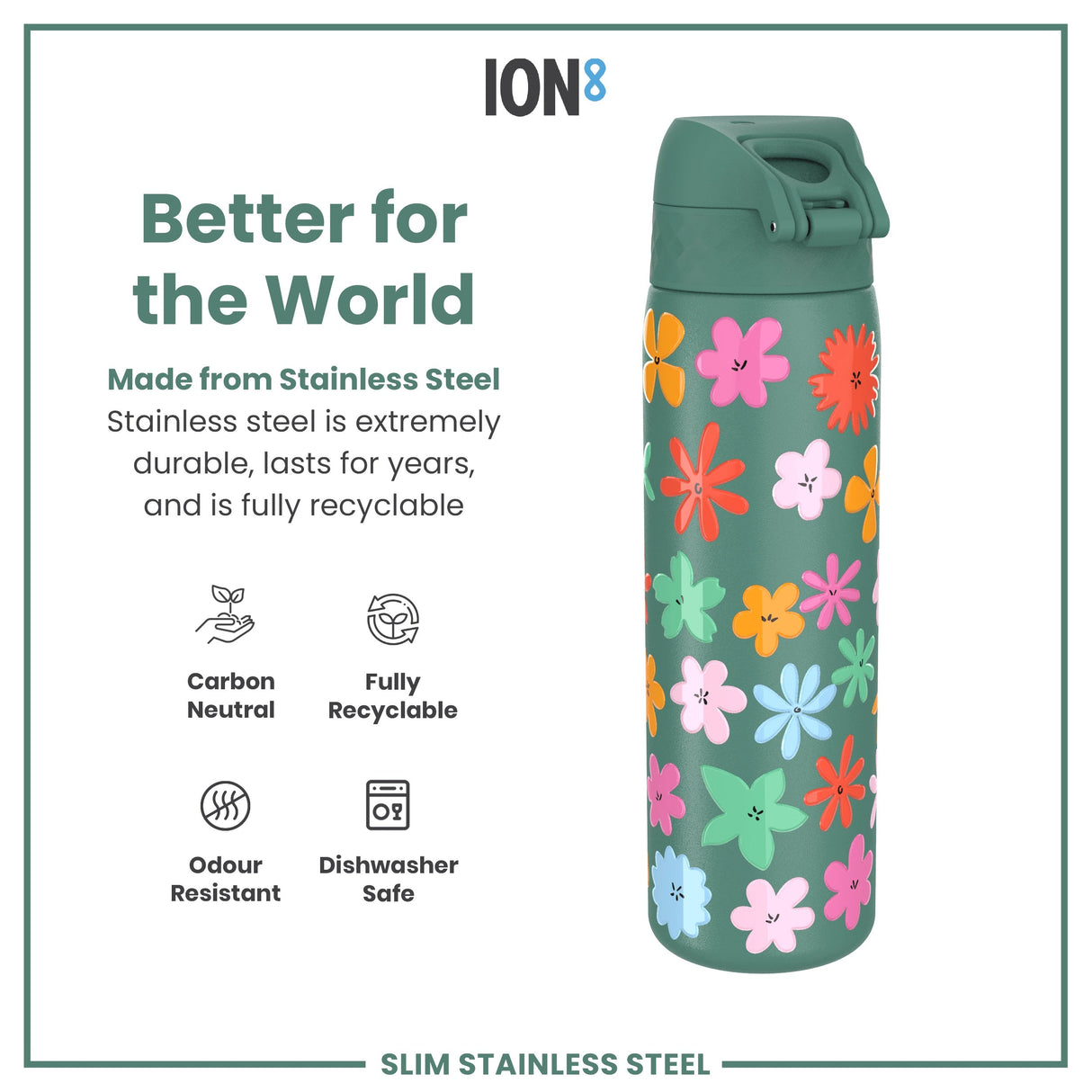 ION8 Leak Proof Slim Water Bottle, Stainless Steel, Floral, 600ml (20oz)