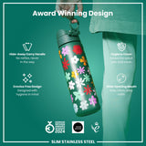 ION8 Leak Proof Slim Water Bottle, Stainless Steel, Floral, 600ml (20oz)