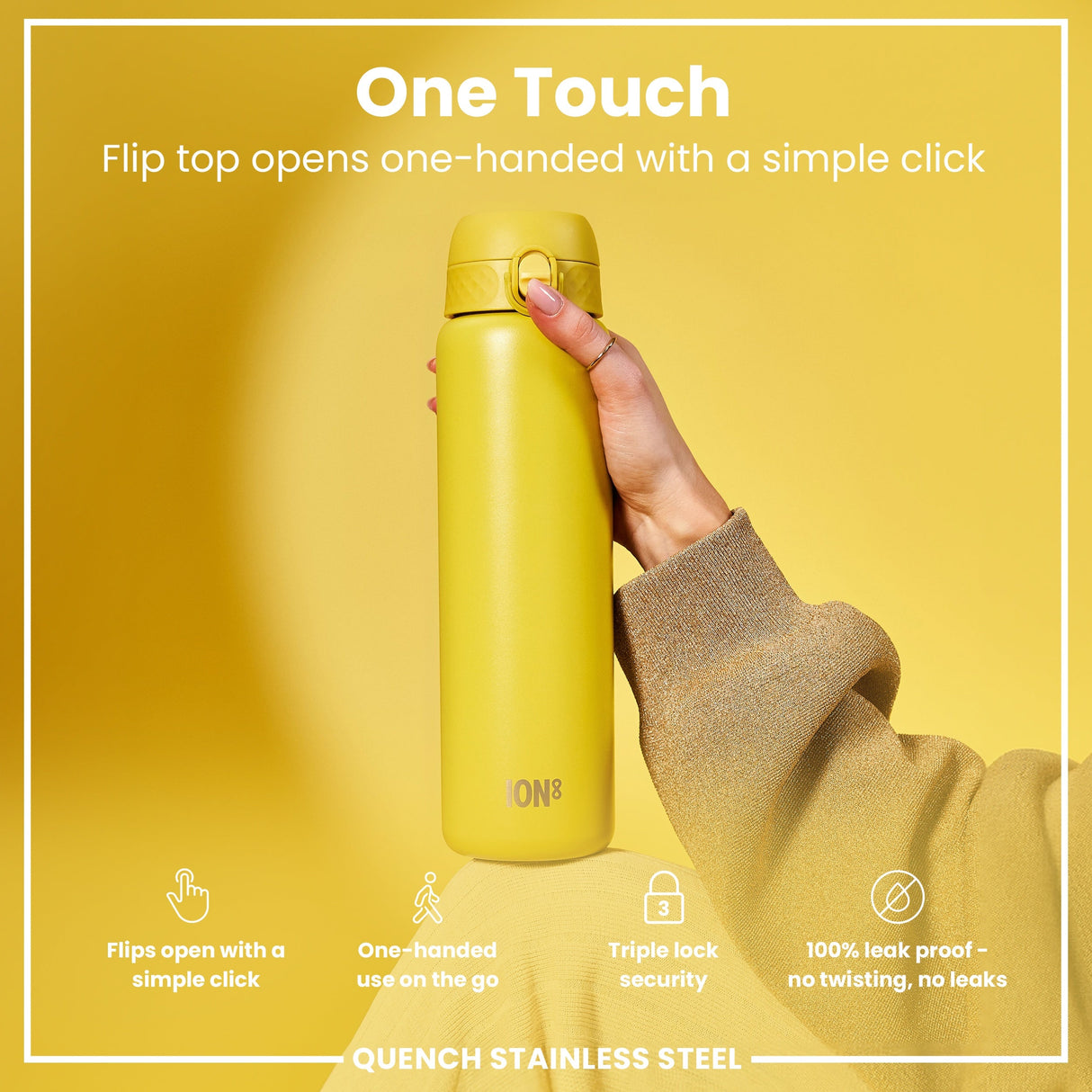 ION8 Leak Proof 1 Litre Water Bottle, Stainless Steel, Yellow, 1L