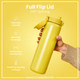 ION8 Leak Proof 1 Litre Water Bottle, Stainless Steel, Yellow, 1L