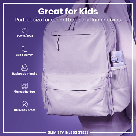 ION8 Leak Proof Slim Water Bottle, Stainless Steel, Light Purple, 600ml (20oz)