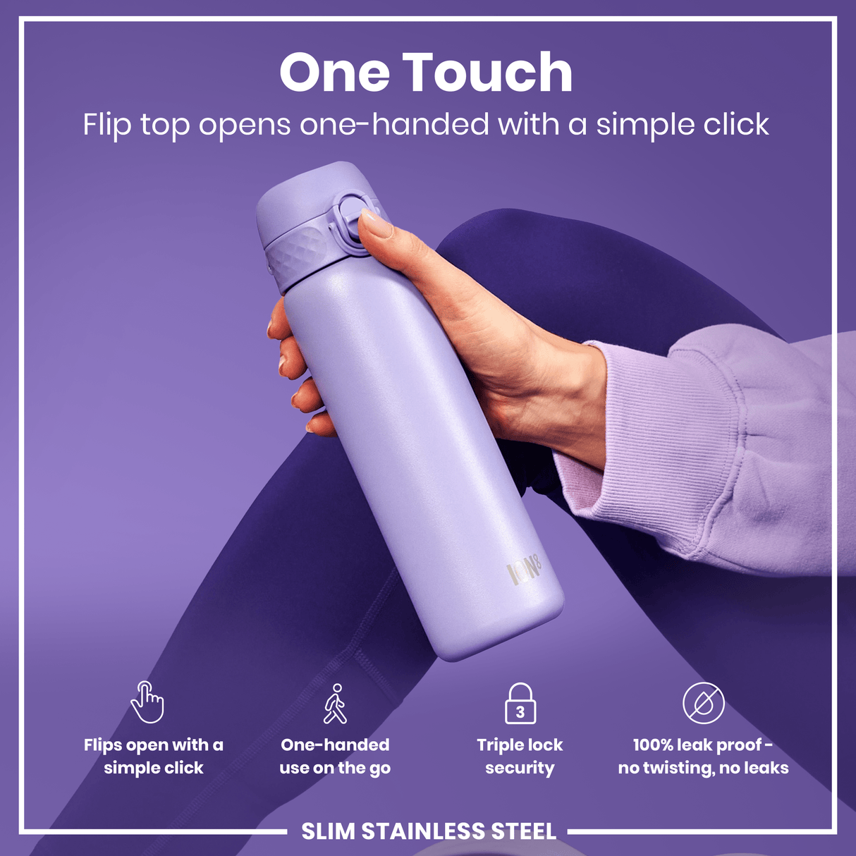 ION8 Leak Proof Slim Water Bottle, Stainless Steel, Light Purple, 600ml (20oz)