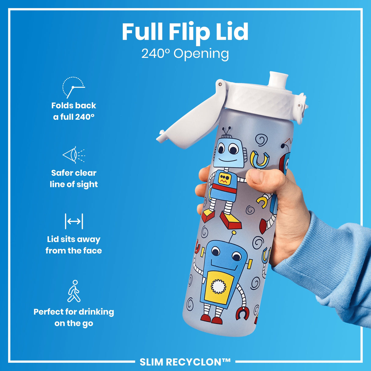 ION8 Leak Proof Slim Water Bottle, Recyclon, Robots, 500ml (18oz)