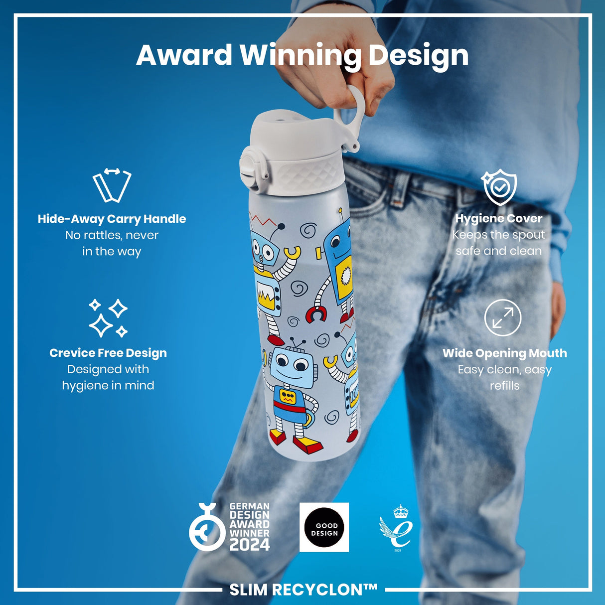 ION8 Leak Proof Slim Water Bottle, Recyclon, Robots, 500ml (18oz)