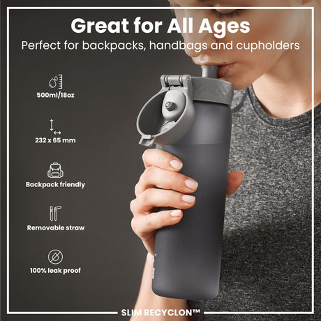 ION8 Leak Proof Medium Water Bottle with Straw, Recyclon, Grey, 500ml (18oz)