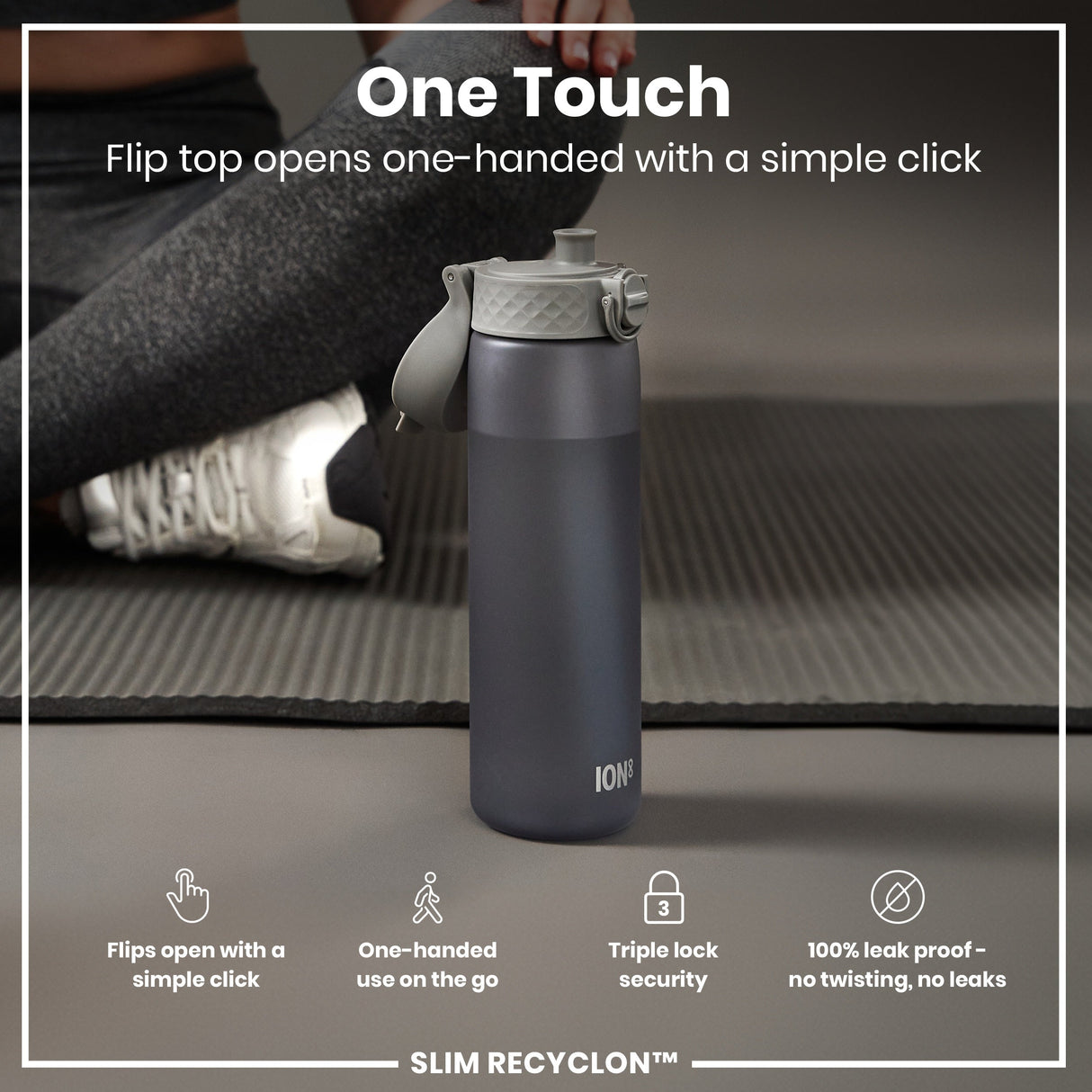 ION8 Leak Proof Medium Water Bottle with Straw, Recyclon, Grey, 500ml (18oz)