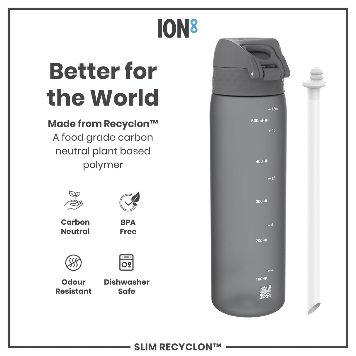 ION8 Leak Proof Medium Water Bottle with Straw, Recyclon, Grey, 500ml (18oz)