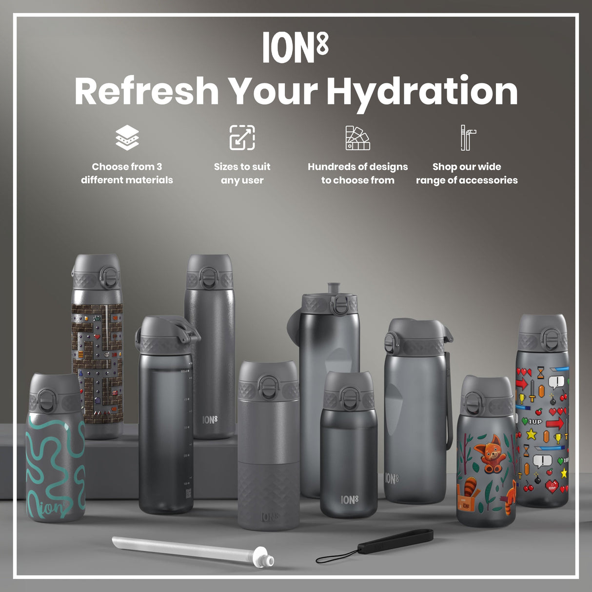 ION8 Leak Proof Medium Water Bottle with Straw, Recyclon, Grey, 500ml (18oz)