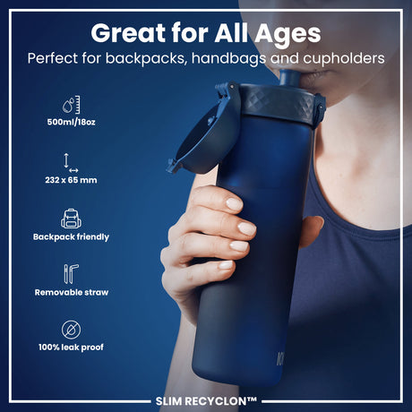 ION8 Leak Proof Medium Water Bottle with Straw, Recyclon, Navy, 500ml (18oz)