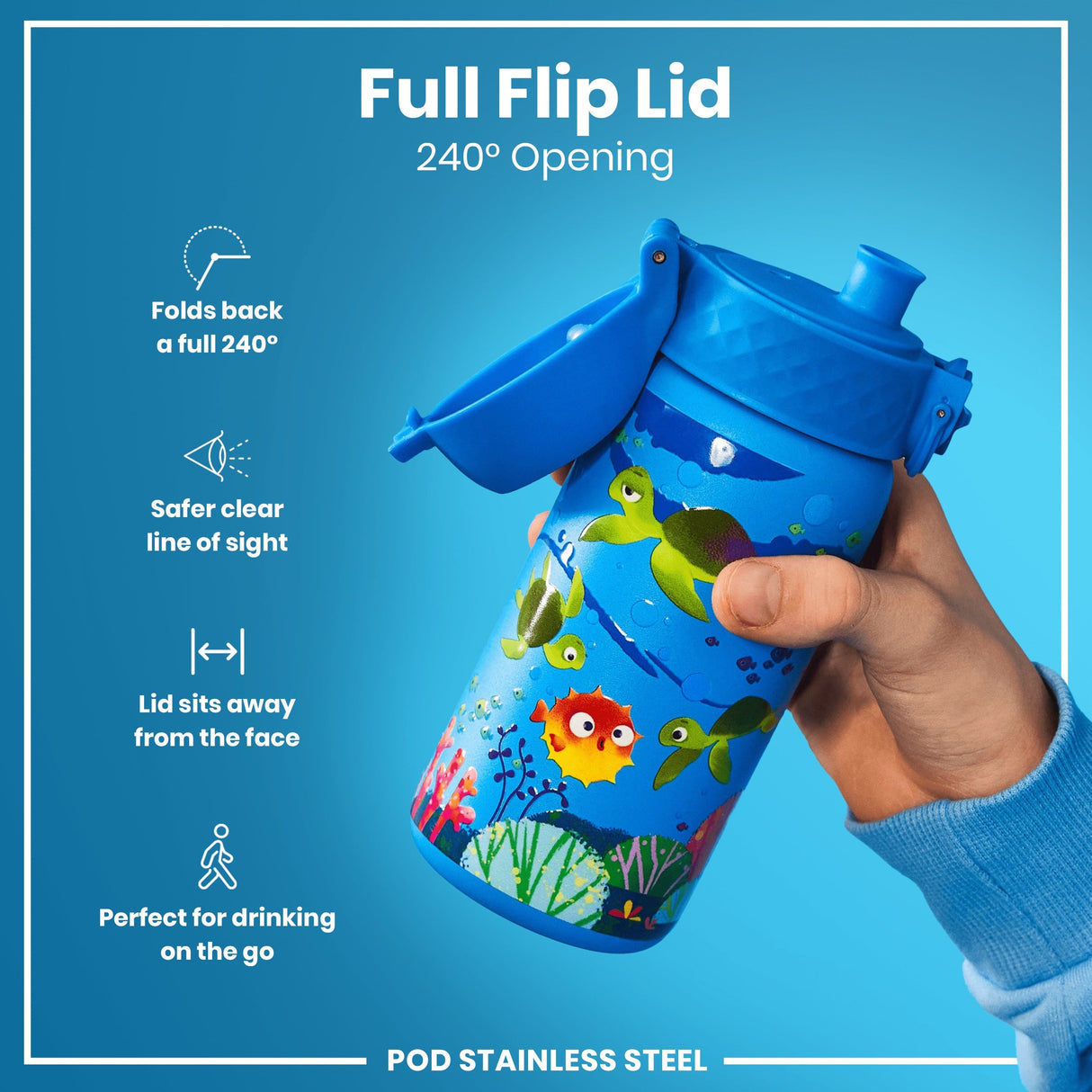 ION8 Leak Proof Kids Water Bottle, Stainless Steel, Sea Turtle, 400ml (13oz)