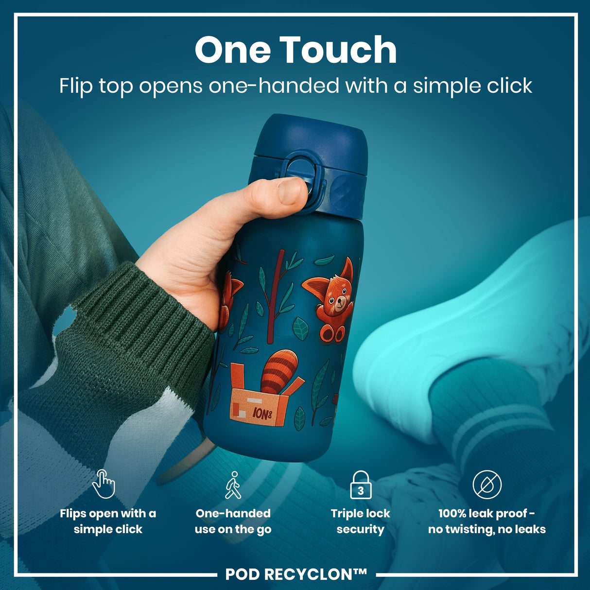 ION8 Leak Proof Kids Water Bottle, Recyclon, Red Pandas, 350ml (12oz)