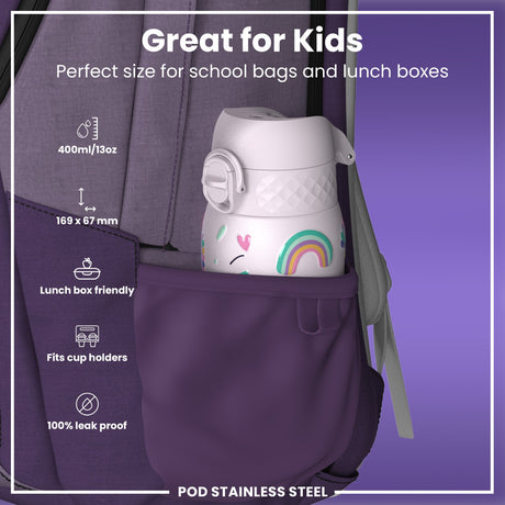 ION8 Leak Proof Kids Water Bottle, Stainless Steel, Unicorns, 400ml (13oz)