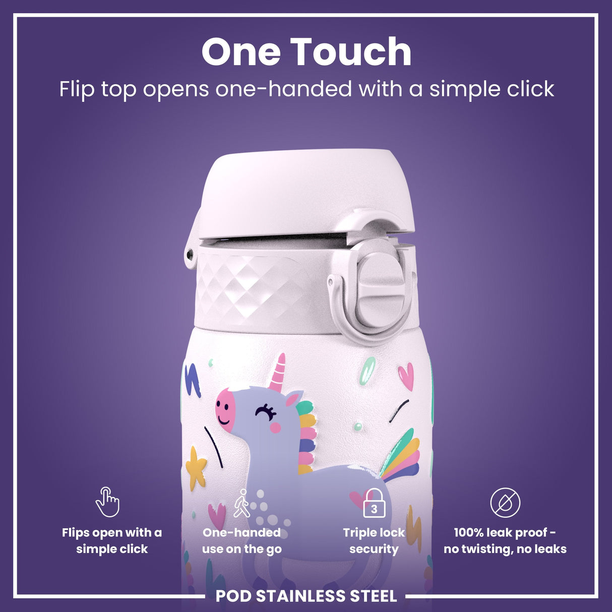ION8 Leak Proof Kids Water Bottle, Stainless Steel, Unicorns, 400ml (13oz)