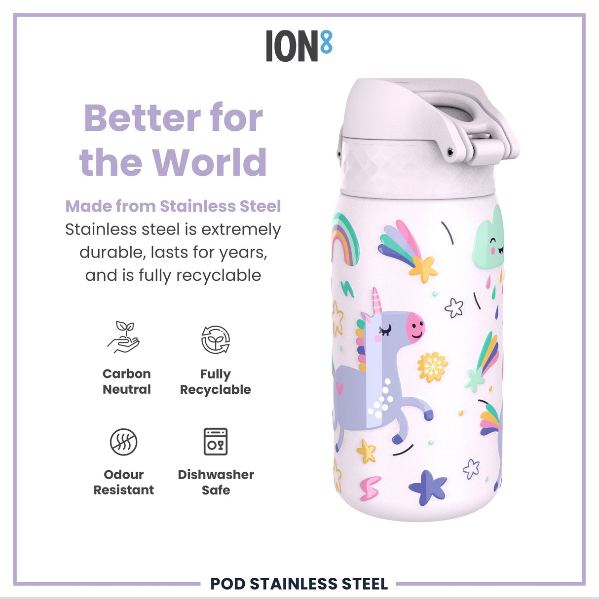ION8 Leak Proof Kids Water Bottle, Stainless Steel, Unicorns, 400ml (13oz)