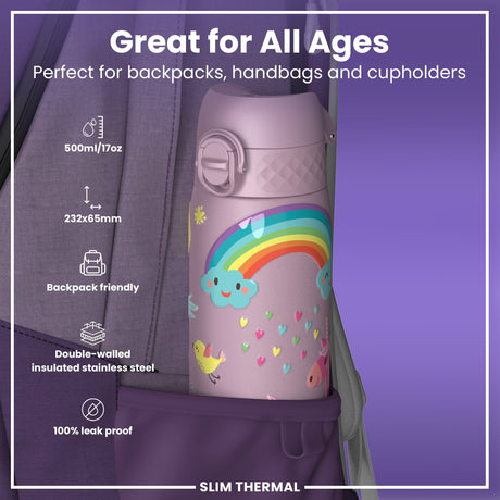 ION8 Leak Proof Slim Thermal Steel Water Bottle, Insulated, Unicorns, 500ml (17oz)