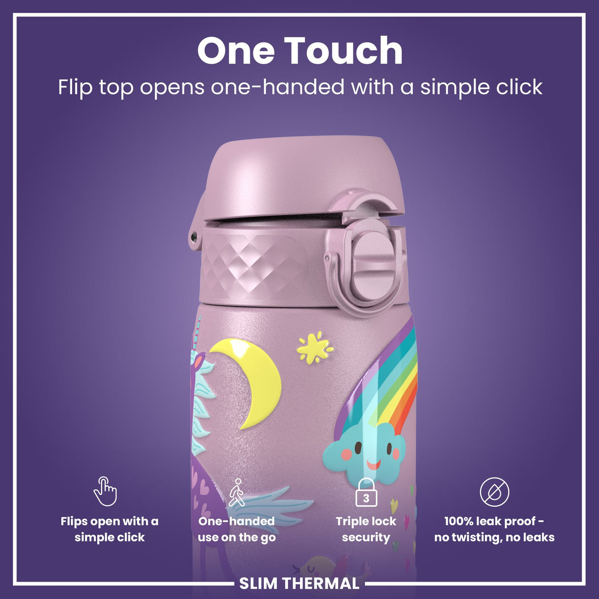 ION8 Leak Proof Slim Thermal Steel Water Bottle, Insulated, Unicorns, 500ml (17oz)