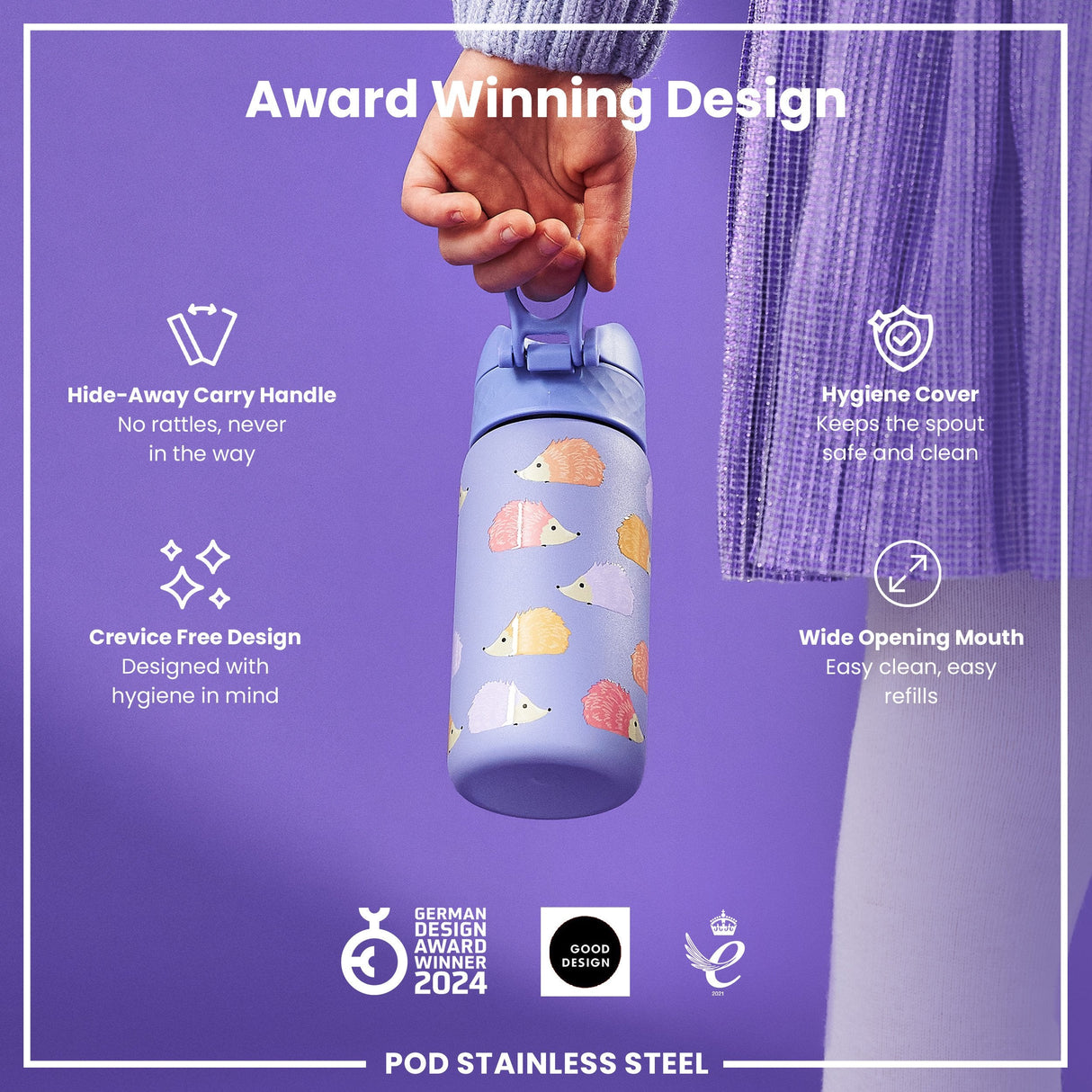 ION8 Leak Proof Thermal Steel Water Bottle, Insulated Steel, Hedgehogs, 320ml (11oz)