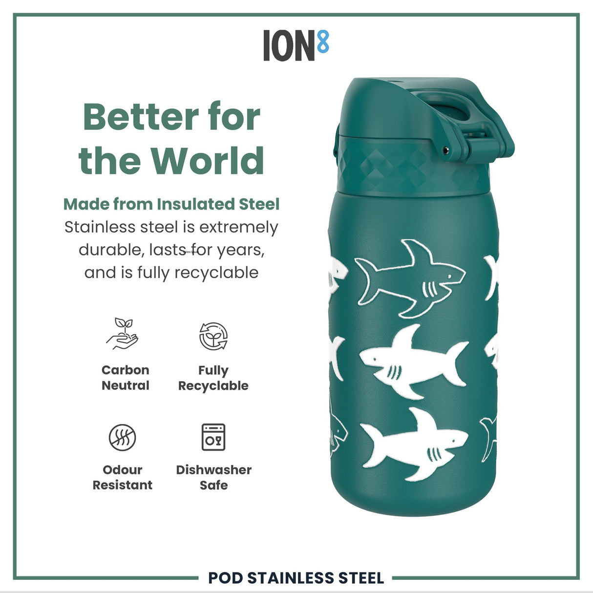 ION8 Leak Proof Thermal Steel Water Bottle, Insulated, Sharks, 320ml (11oz)