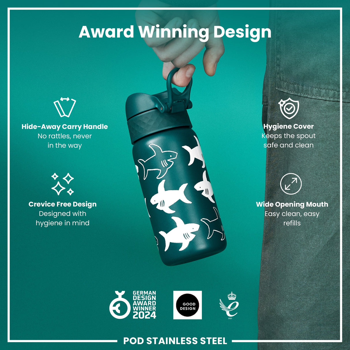 ION8 Leak Proof Thermal Steel Water Bottle, Insulated, Sharks, 320ml (11oz)