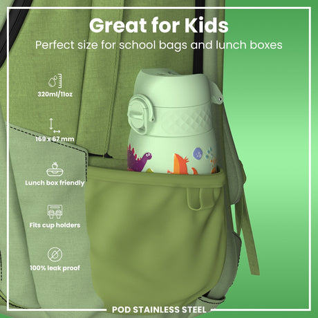 ION8 Leak Proof Thermal Steel Water Bottle, Insulated, Dinosaurs, 320ml (11oz)