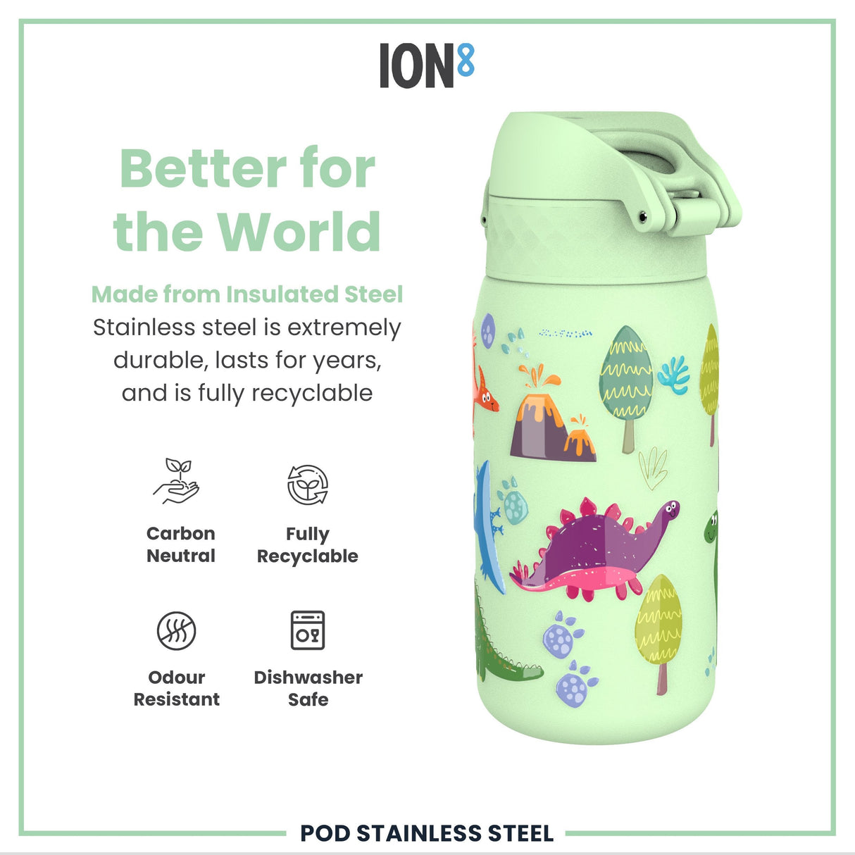 ION8 Leak Proof Thermal Steel Water Bottle, Insulated, Dinosaurs, 320ml (11oz)