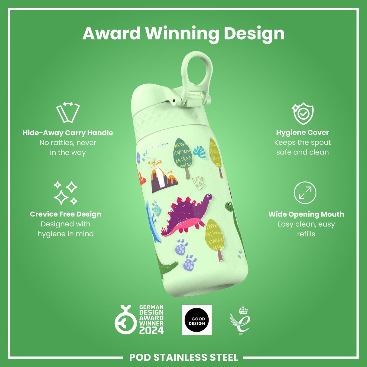 ION8 Leak Proof Thermal Steel Water Bottle, Insulated, Dinosaurs, 320ml (11oz)