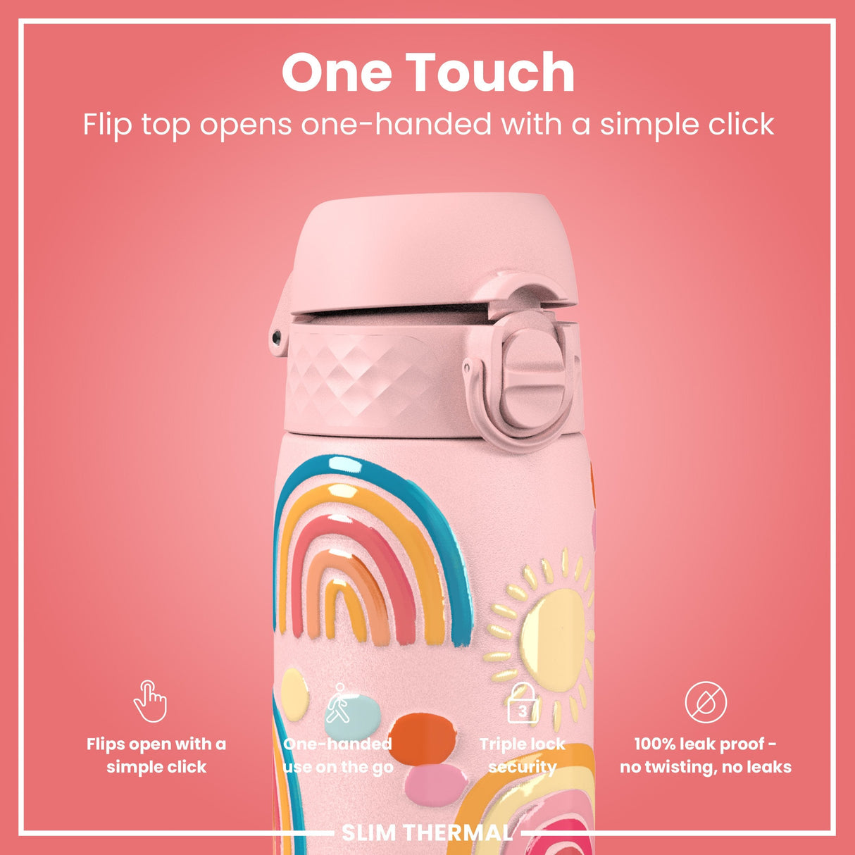 ION8 Leak Proof Slim Thermal Steel Water Bottle, Insulated, Rainbows, 500ml (17oz)